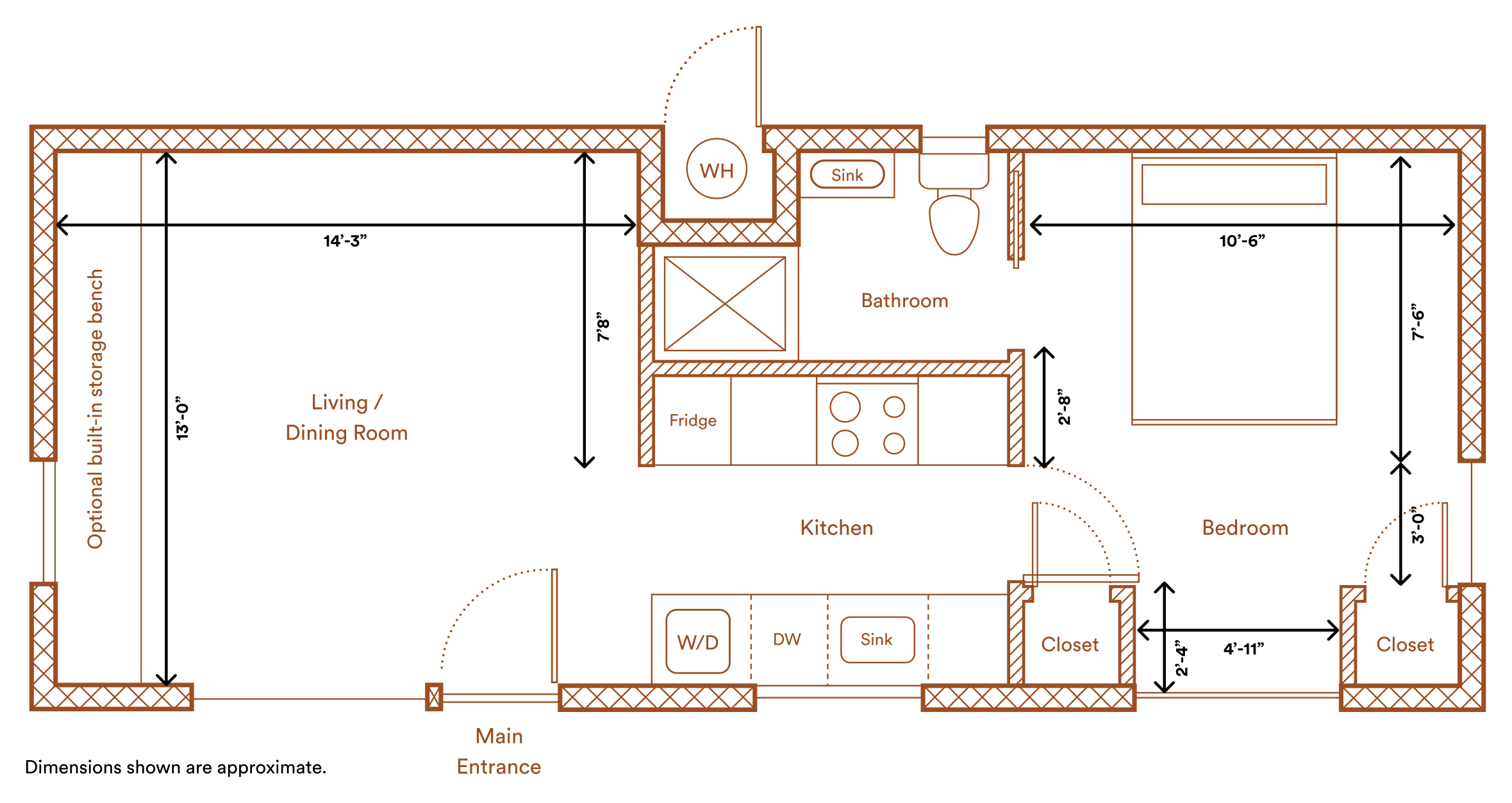 Abodu One floor plan: 1 Bedroom, 1 bath, 500 Sq Ft