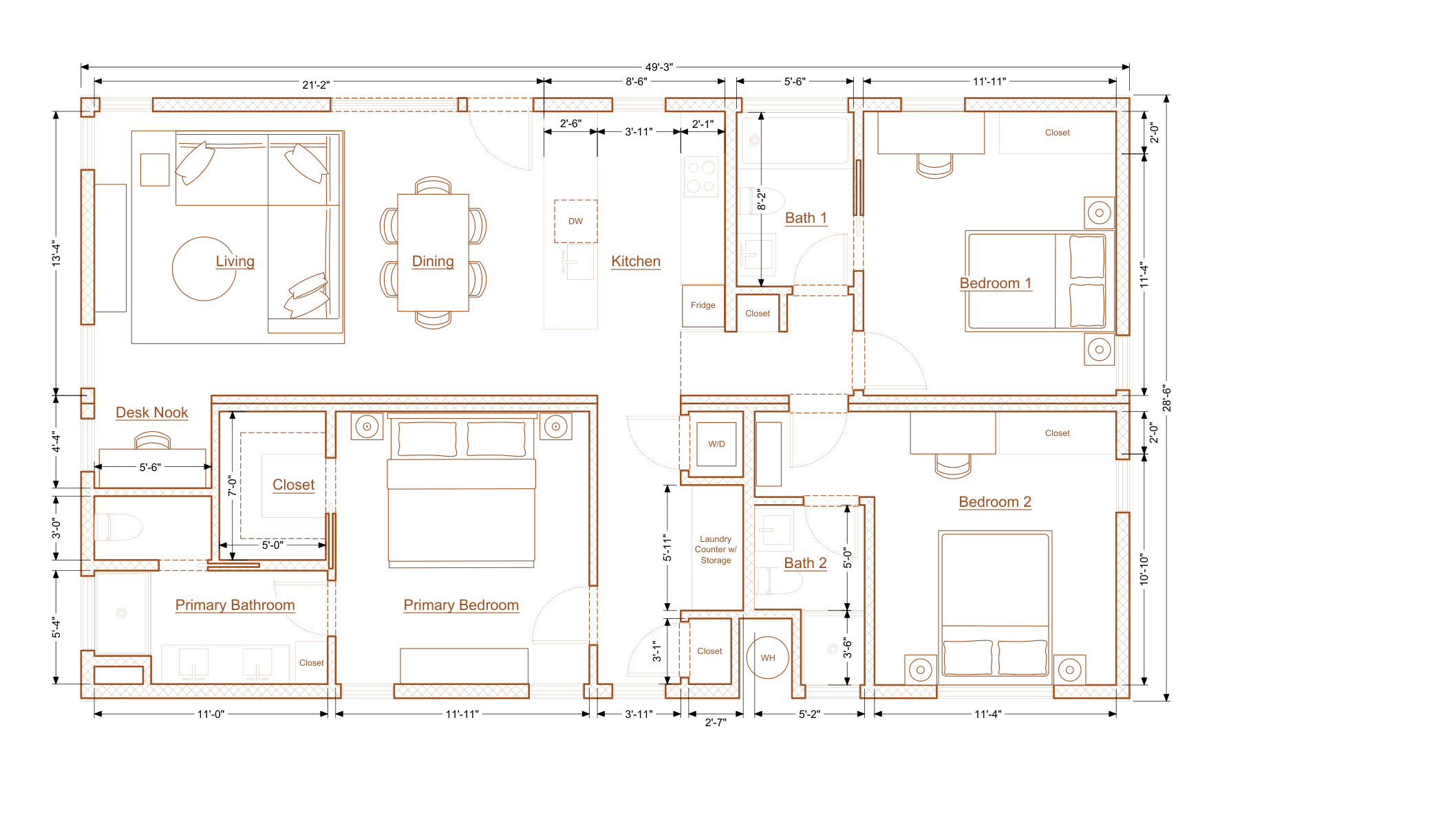 Abodu Three+ floor plan: 3 Bedroom, 3 bath, 1,195 Sq Ft